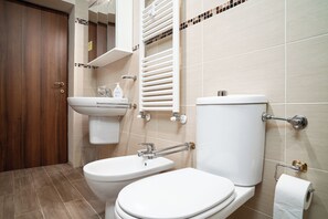 Shower, hair dryer, bidet, towels
