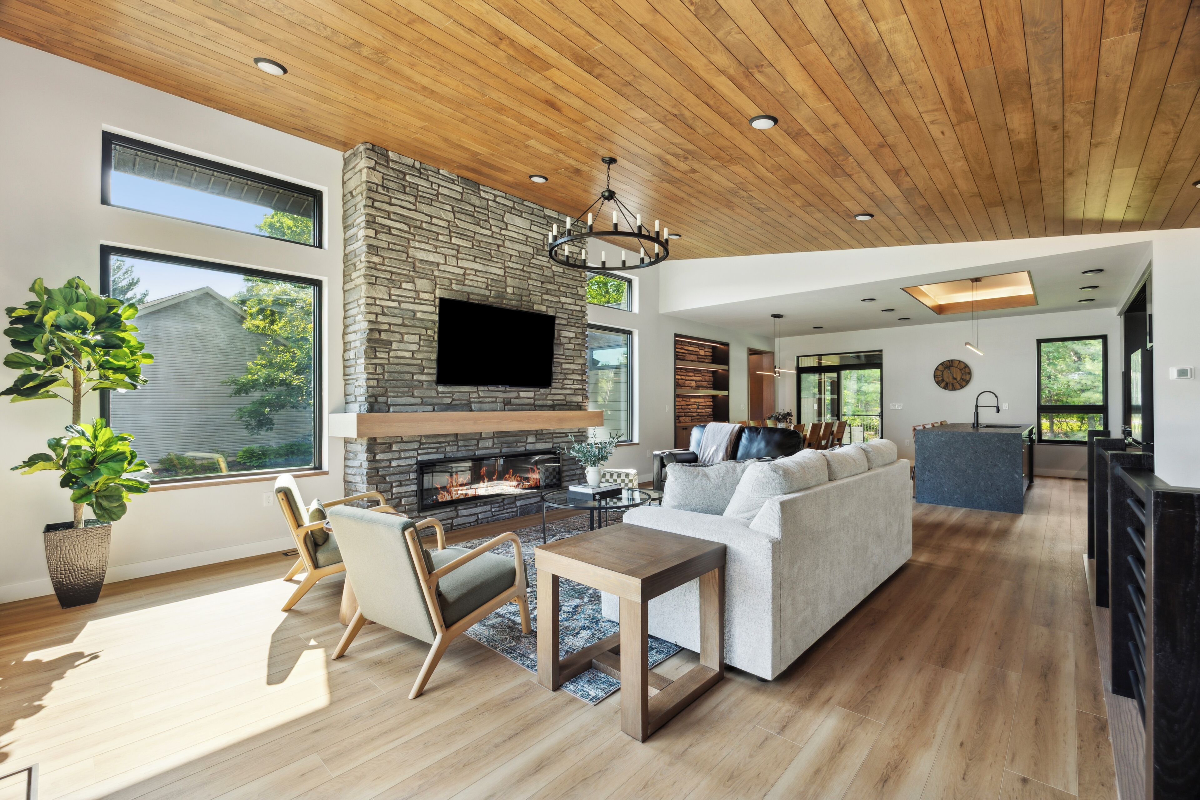 Smart TV, fireplace, foosball