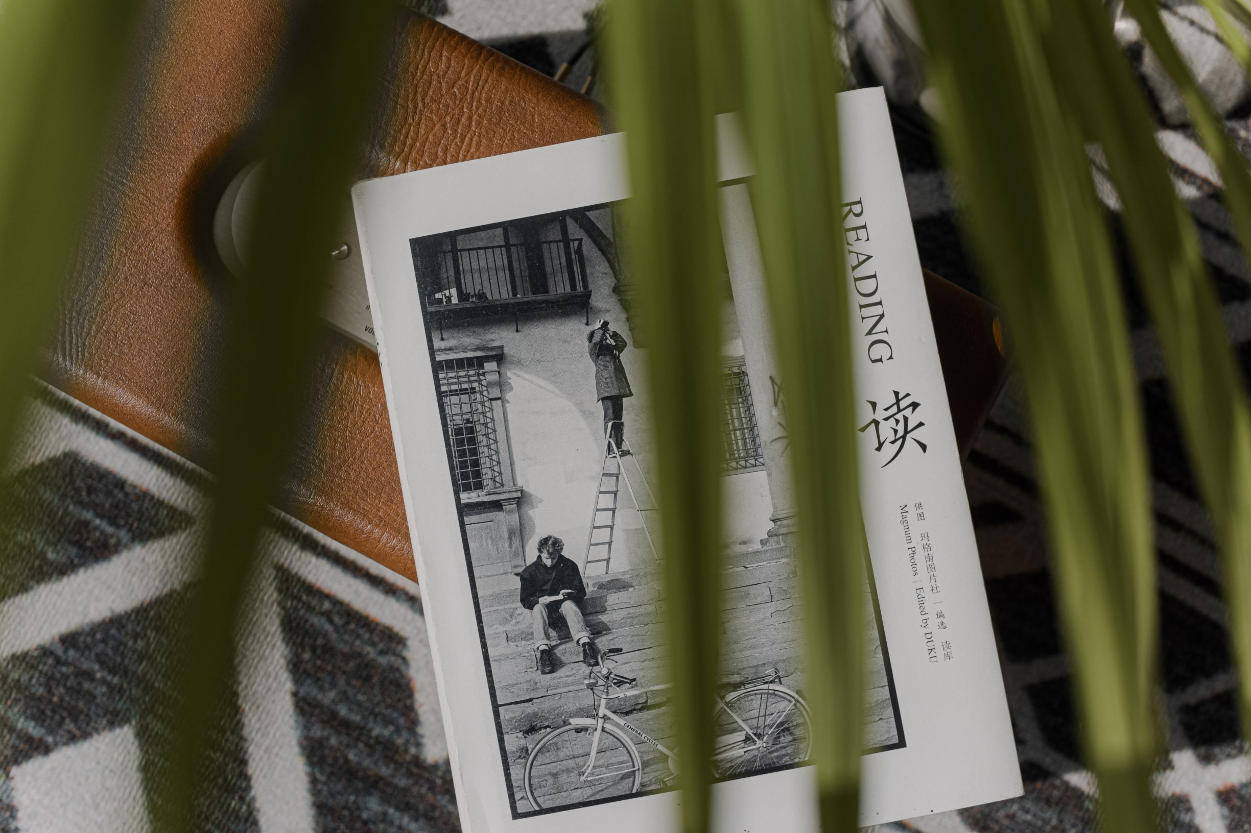 A book titled "READING" with a black and white illustration of a person sitting on steps with a bicycle.