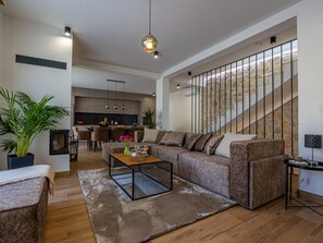 TV, fireplace, table football