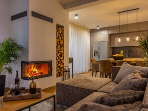 TV, fireplace, table football