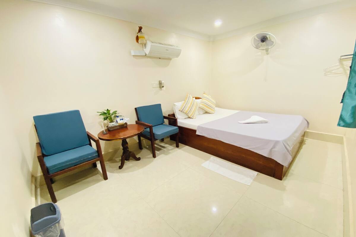 Habitación de hotel compacta con cama, dos sillas azules, una mesita redonda con una planta y un cubo de basura blanco.