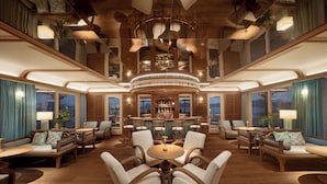 A luxurious hotel lobby with a central bar, seating areas, and large windows offering city views. - Bhaya Soul - Wellness Inclusive Cruise (Tuan Chau)