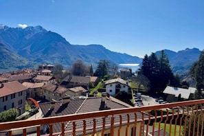 A mountainous landscape with a village, terraced houses, and a lake.