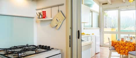 Fridge, oven, stovetop, cookware/dishes/utensils