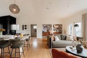 TV connectée, cheminée, chaîne hi-fi, écrans d'ordinateur