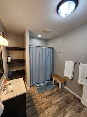 Hair dryer, towels, soap, shampoo