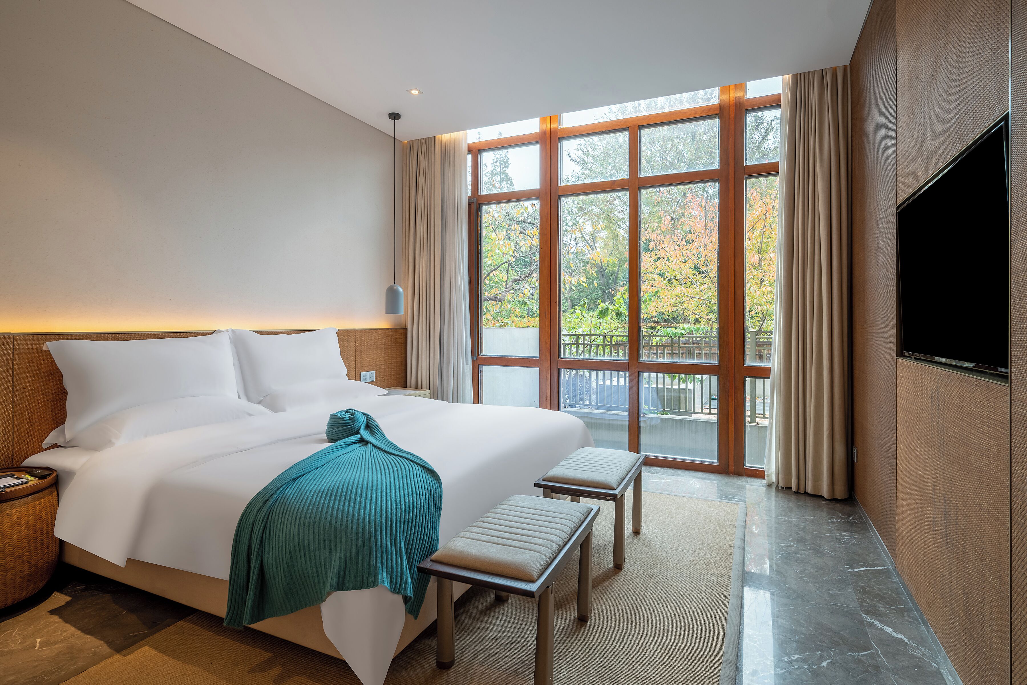 A hotel room with a large bed, a bench, a TV, and a view of the outdoors.