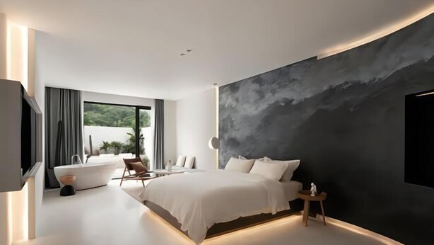 A modern bedroom with a large bed, a wall-mounted TV, and a view of greenery outside. - Shanghai Qichi homestay (Shanghai)