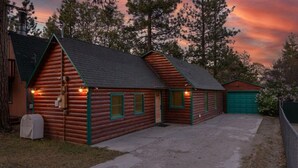 A log cabin with a green door and windows, a covered porch, and a green garage.