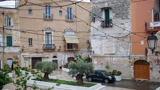 Une vue de rue avec des immeubles, une voiture garée et un arbre.
