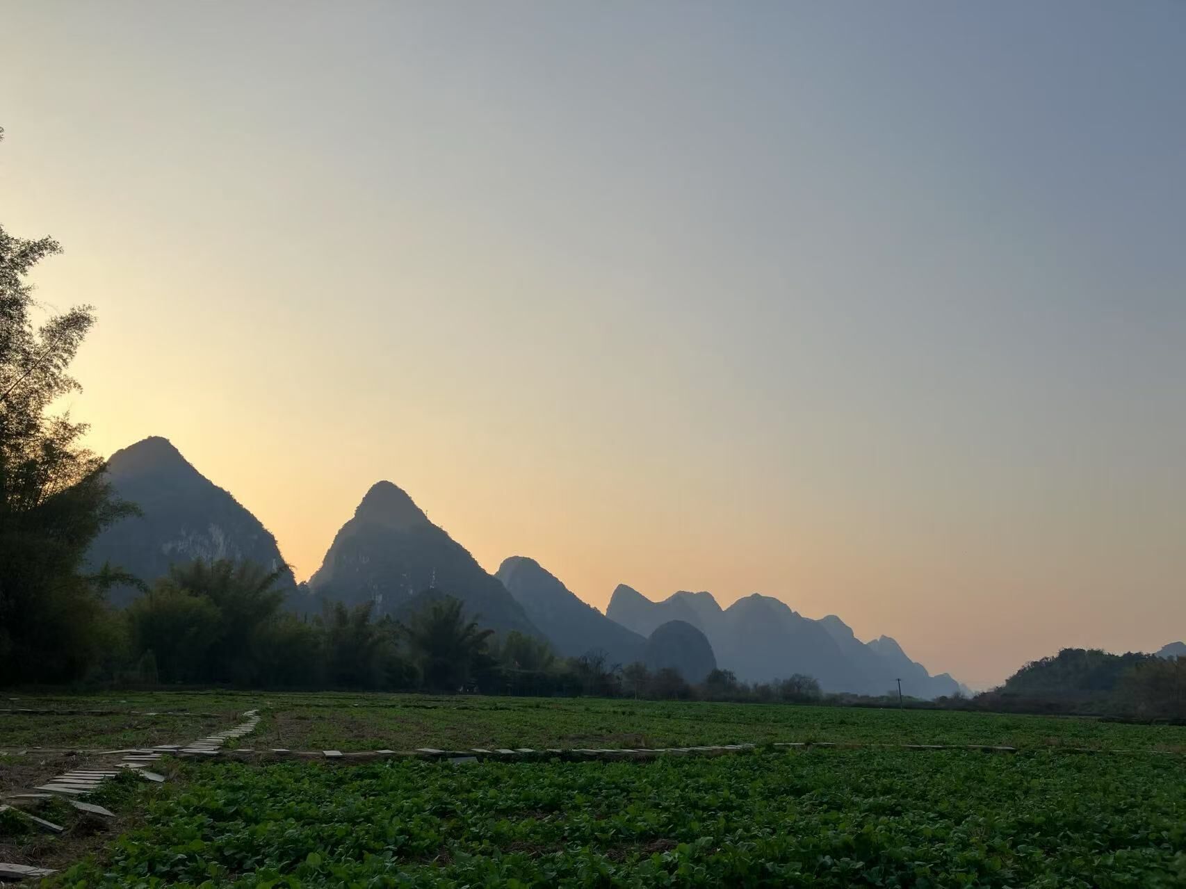 A rural landscape with a pathway leading through a field of crops, and a series of mountains in the background.