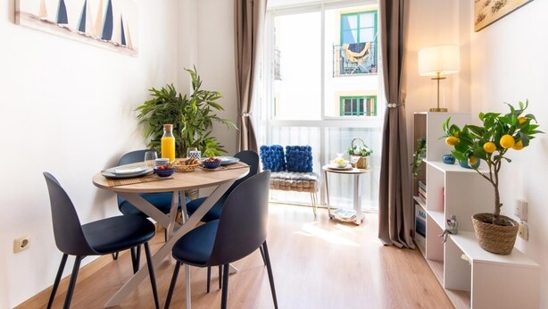 A dining area with a round table, chairs, and a plant.