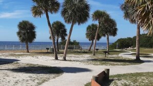 A coastal park with palm trees, a paved walkway, and a bench. - Waterfront Angler’s Paradise, 3BR/2.5BA w/ Dock, Boat Ramp, Kayaks, HorseShoes, CornHole, Ping Pong (New Port Richey)