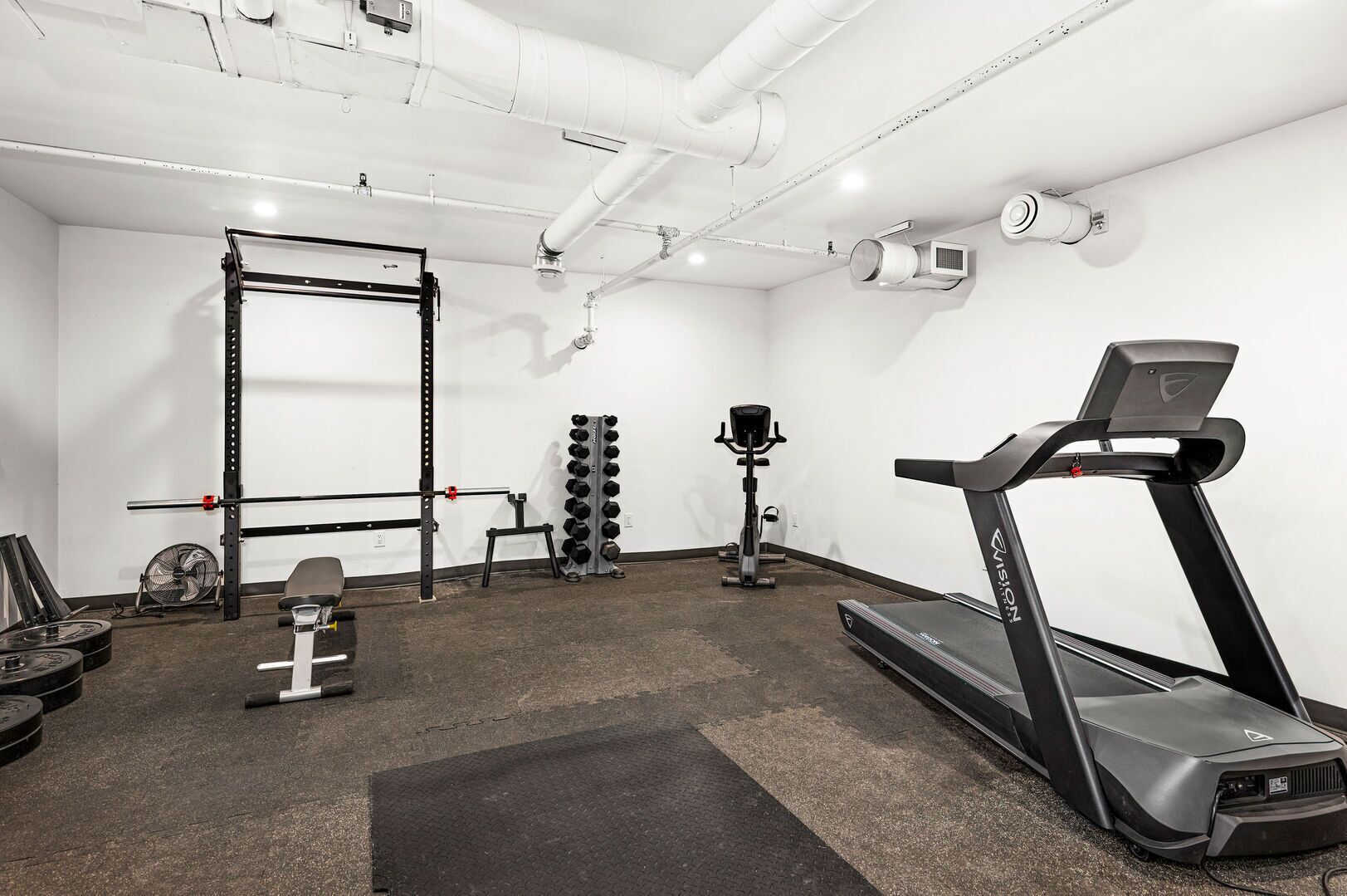 A gym with a treadmill, weight bench, squat rack, and various weights.