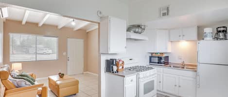 Fridge, microwave, stovetop, coffee/tea maker