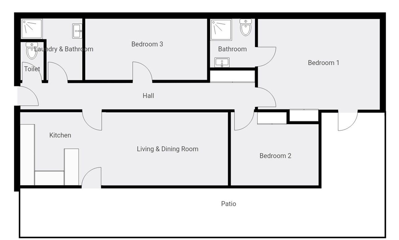 Plano de planta que muestra una sala de estar y comedor, cocina, dos dormitorios, un baño, lavandería y otro baño, un vestíbulo y un patio.
