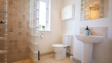 A bathroom with a toilet, sink, and glass shower enclosure.
