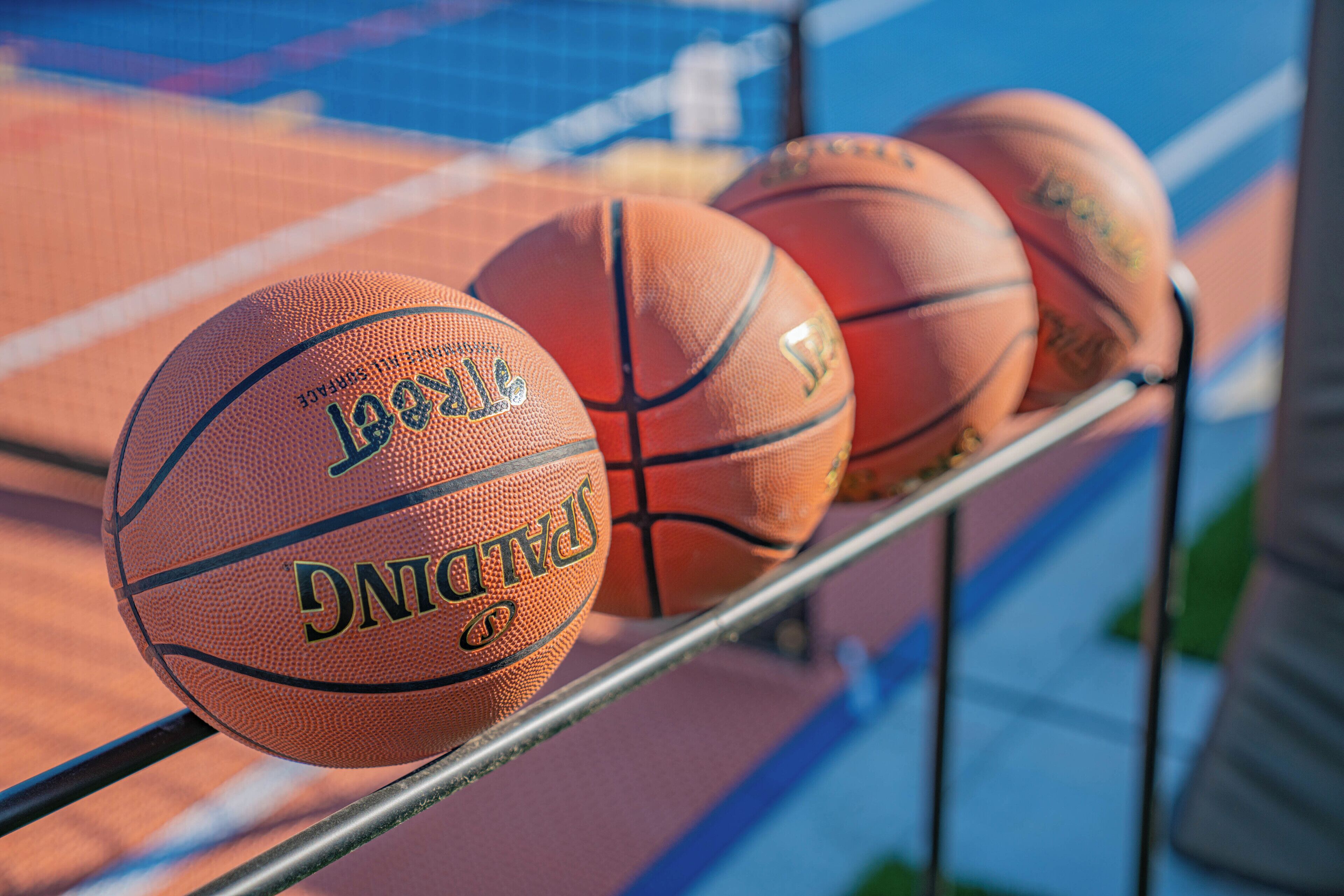 Basketballs on a rack.