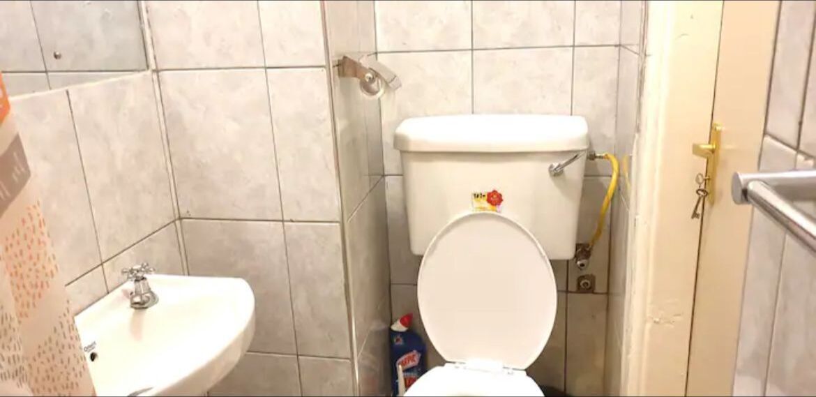 Baño con inodoro, lavabo y paredes con azulejos.