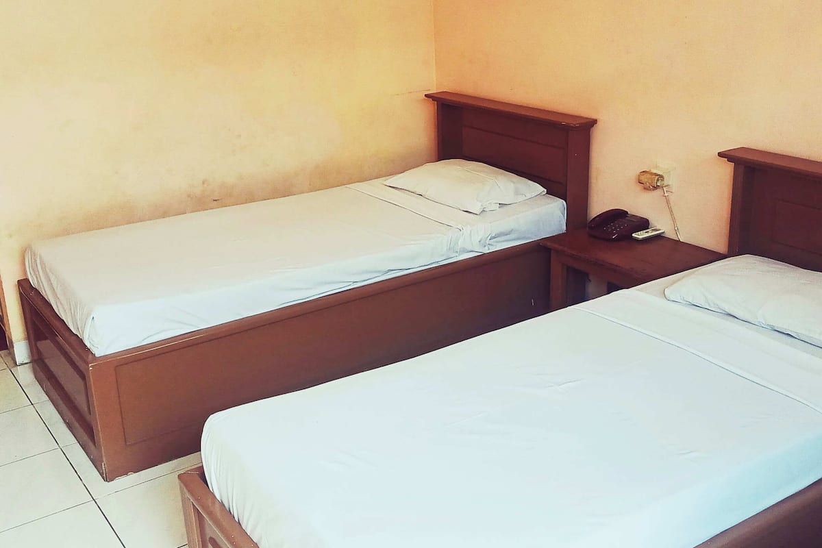 A room with two single beds, wooden headboards, a bedside table with a phone, and a wall socket.