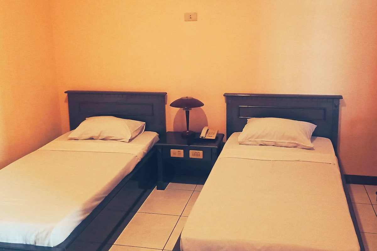 Two single beds with white linens, a nightstand with a lamp and phone, and a painting on the wall.
