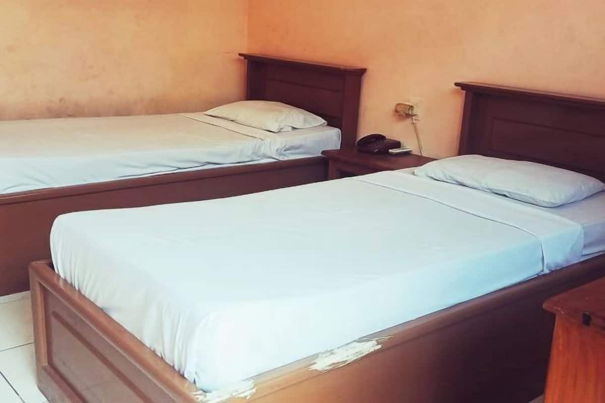Two single beds with wooden headboards in a room with plain walls.