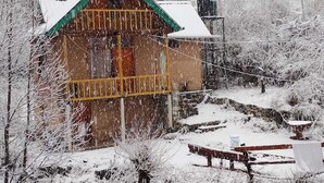 Une cabane en bois rustique, surmontée d’un toit vert, entourée d’arbres couverts de neige et bordée d’un sentier en pierre.