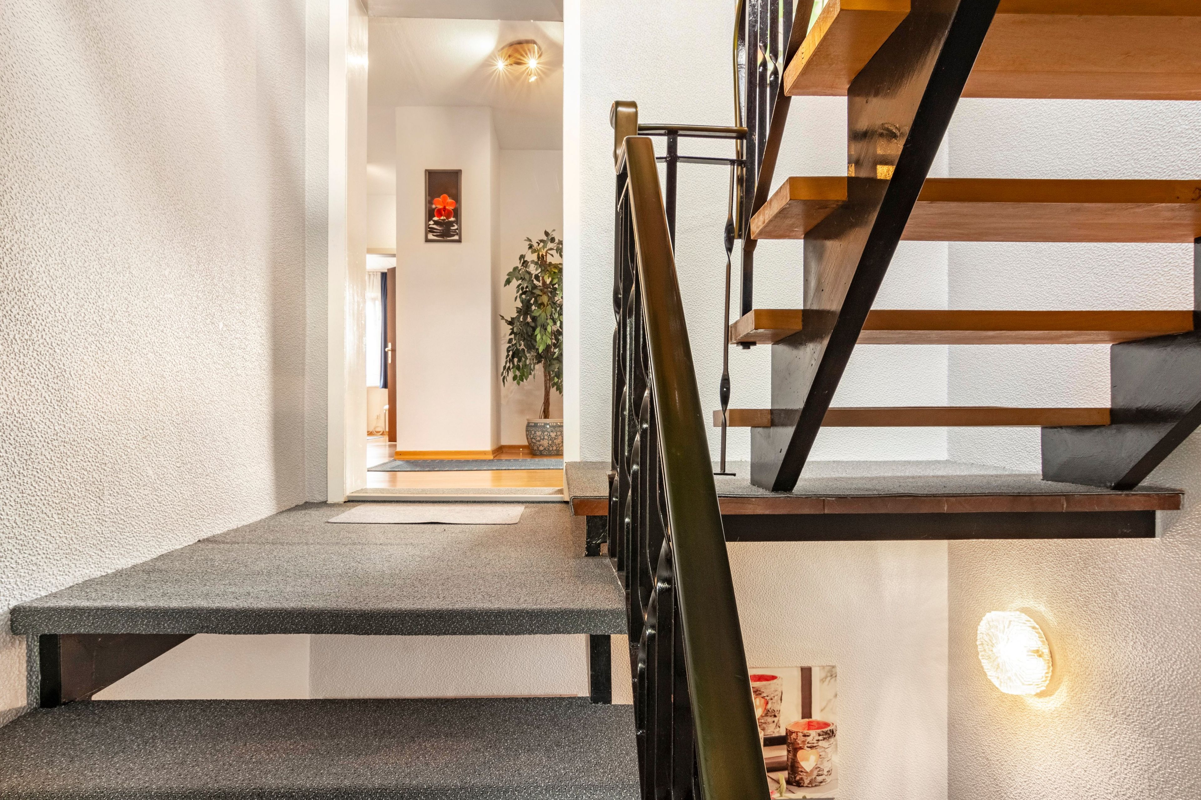 A modern interior with a staircase, a plant, and a wall-mounted light fixture.