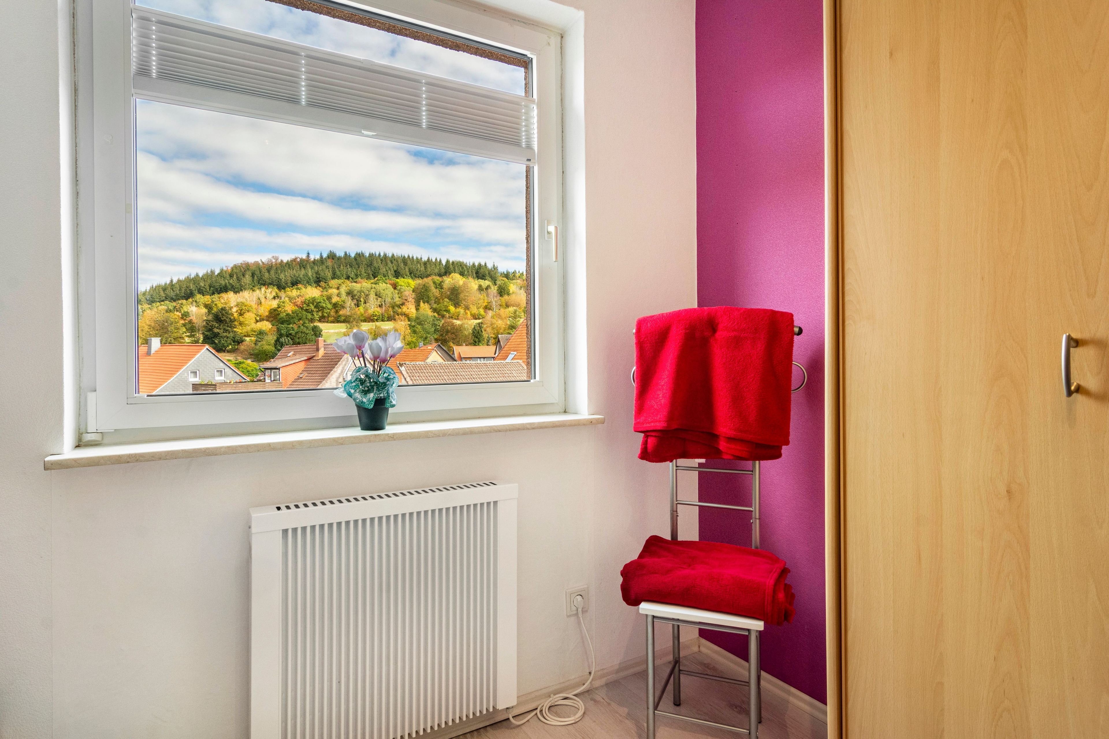 Een badkamer met een raam, een radiator, een handdoekhouder en uitzicht op een bebost heuvel.