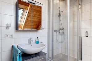 Shower, hair dryer, towels