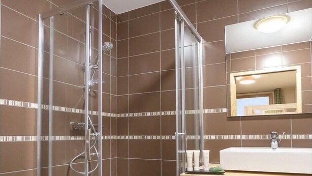 A modern bathroom with a glass-enclosed shower, a wooden vanity, and a mirror above the sink. - Apartment in France with Spa and Pool (Tignes)