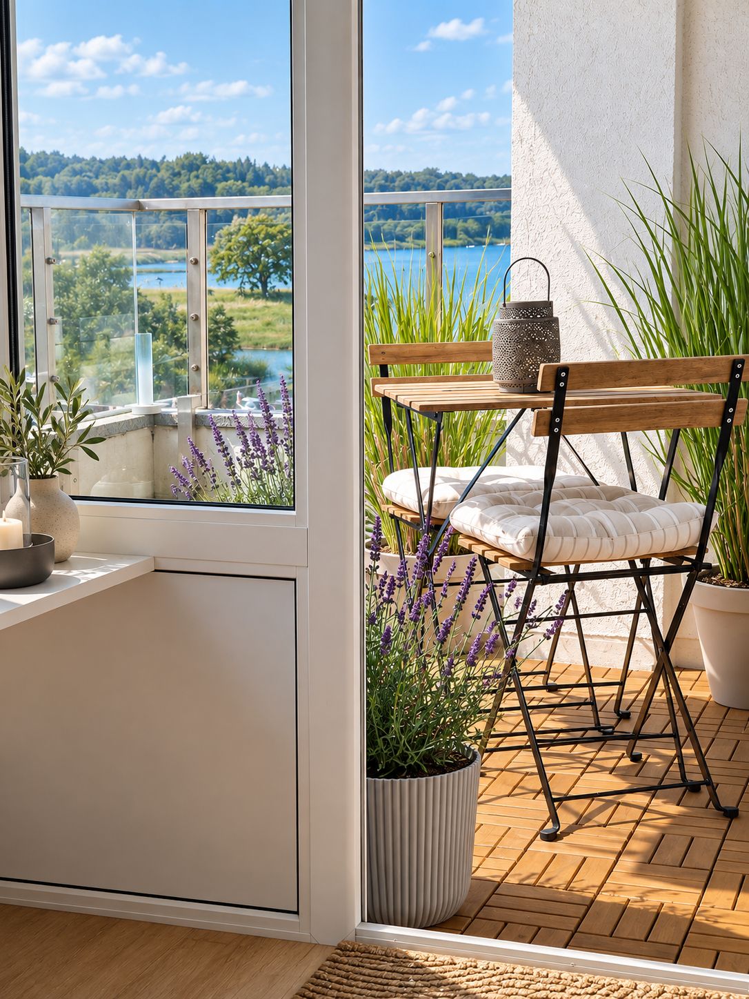 Varanda com vista para um lago e árvores, mesa de madeira com almofada e plantas em vasos.