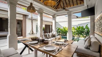 Luxury Villa, Patio, Pool View | Living area