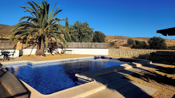 A swimming pool with a stone wall and palm tree, surrounded by a fenced area and a clear blue sky. - Casita-1 To 2guests-pool-patio-bbq-parking (Huercal-Overa)