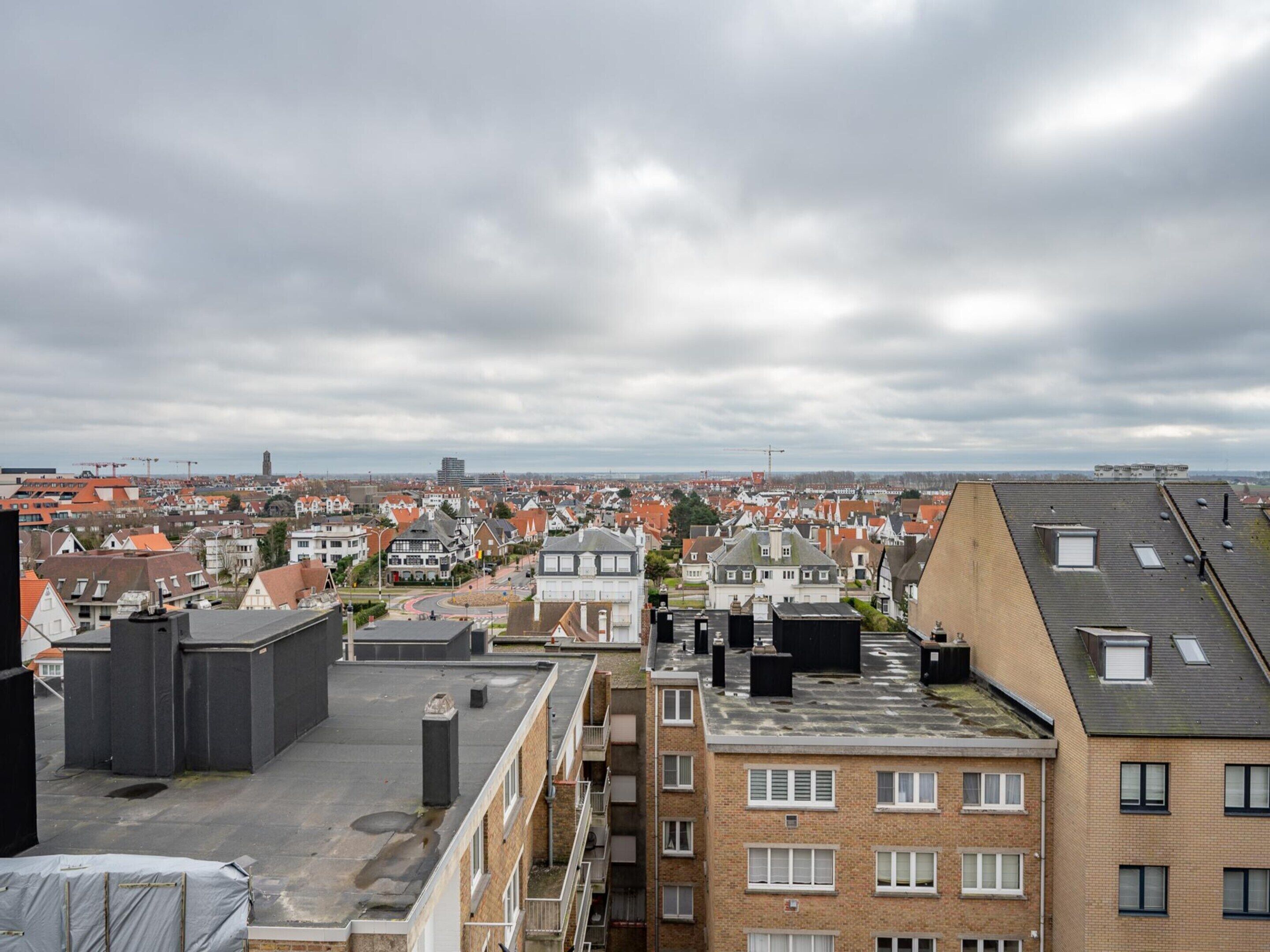 A residential area with multiple buildings, including a mix of houses and apartment complexes.
