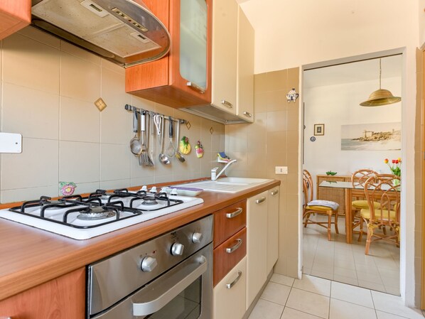 Fridge, oven, cookware/dishes/utensils