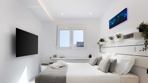 Un dormitorio moderno con cama, televisor de pantalla plana, ventana y estante con plantas.