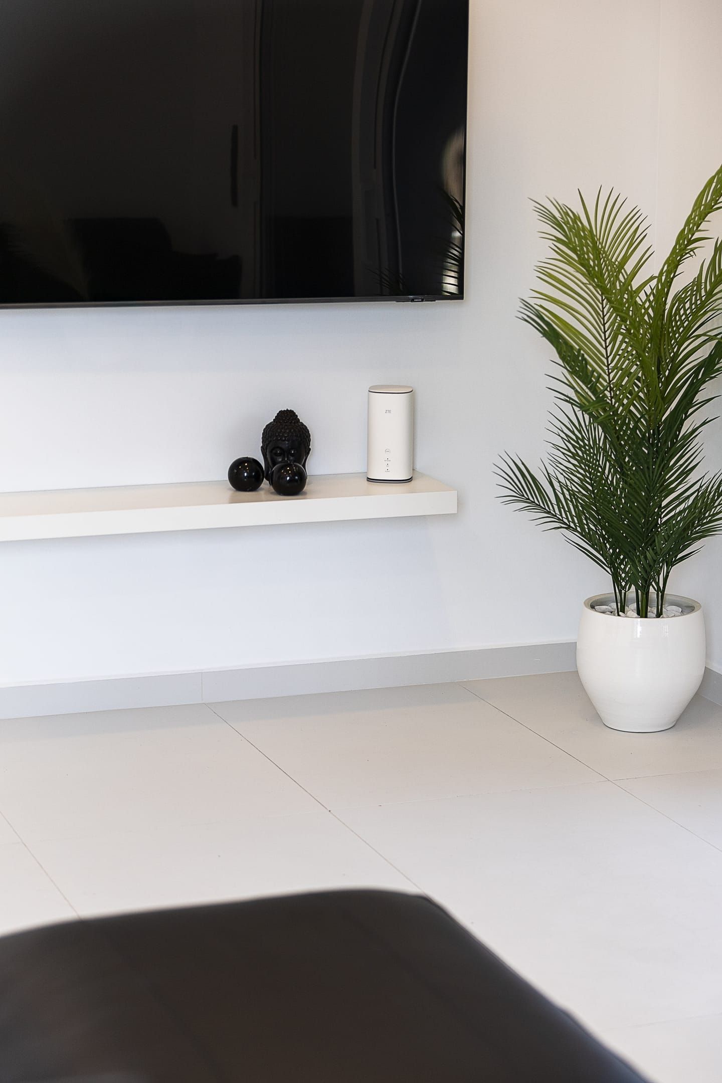 A modern living room with a flat-screen TV mounted on the wall, a white shelf with decorative items, and a potted plant.