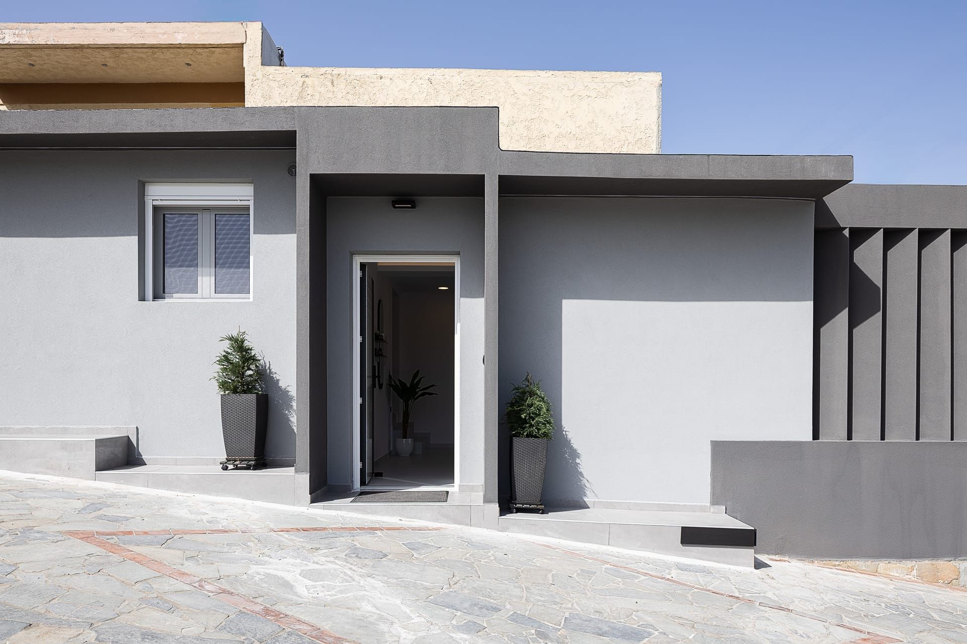 A modern building with a flat facade, a door, and two potted plants.