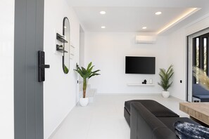 A modern living room with a black sofa, a flat-screen TV mounted on the wall, and a potted plant. - Maxi Suite 75 with Jacuzzi (Gazi)