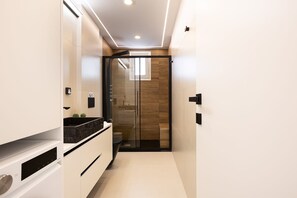 A modern bathroom with a glass shower enclosure, a white vanity with a black countertop, and a recessed ceiling light.