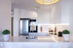 Fridge, microwave, oven, dishwasher