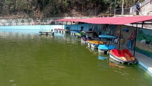 A calm water body with several boats docked under a covered area with murals. - Ivory Estate Kyarkuli (Dehradun)