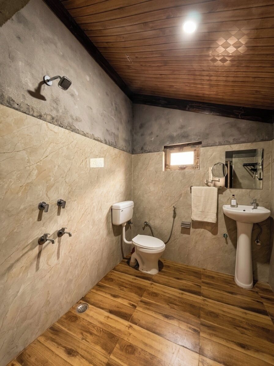 A bathroom with a shower, toilet, sink, and wooden floor.
