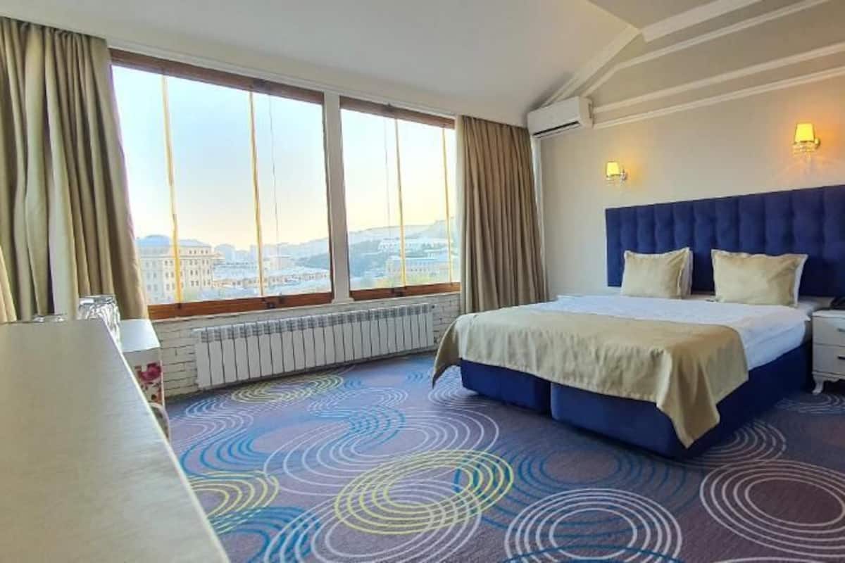 A hotel room with a large bed, a nightstand, a window with a view, and a radiator.