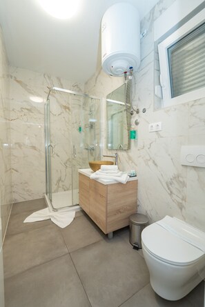 Shower, hair dryer, towels