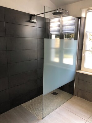 Shower, hair dryer, towels, soap