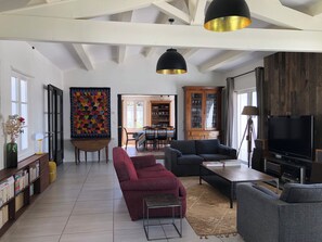 TV, books, music library, stereo