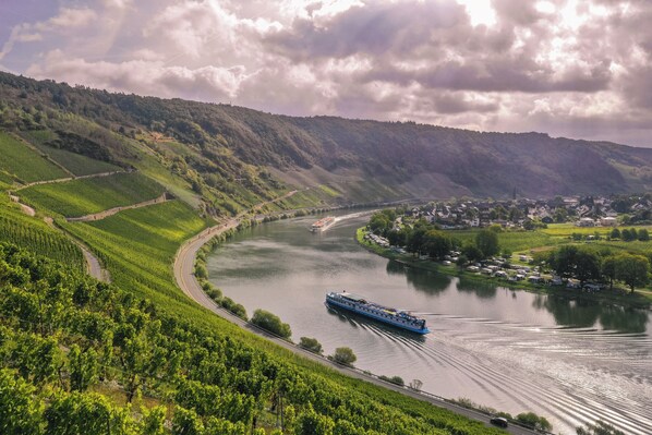 A river with a boat, surrounded by vineyards and a small town. - KultUrlaub Mosel GbR (Kröv)